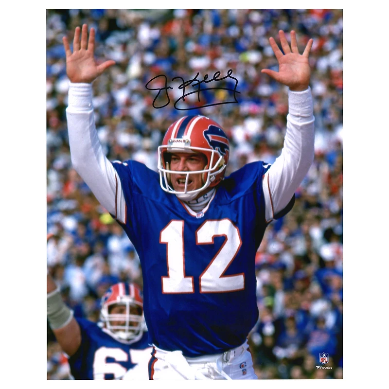 Photo de célébration de Jim Kelly, joueur des Buffalo Bills, autographiée (40 x 50 cm), bras levés.