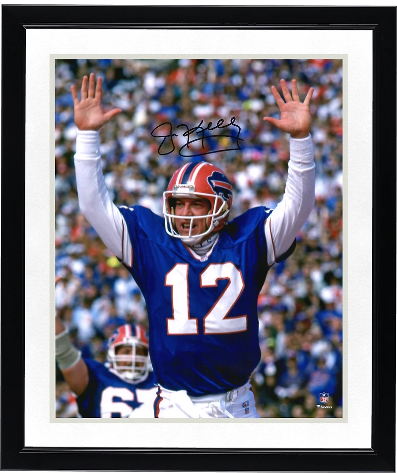 Photo de célébration de Jim Kelly, joueur des Buffalo Bills, autographiée (40 x 50 cm), bras levés.