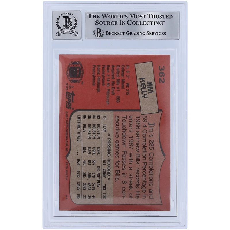 Jim Kelly Buffalo Bills Carte de recrue autographiée Topps #362 Beckett de 1987 avec inscription « HOF 02 » et témoin des fanatiques