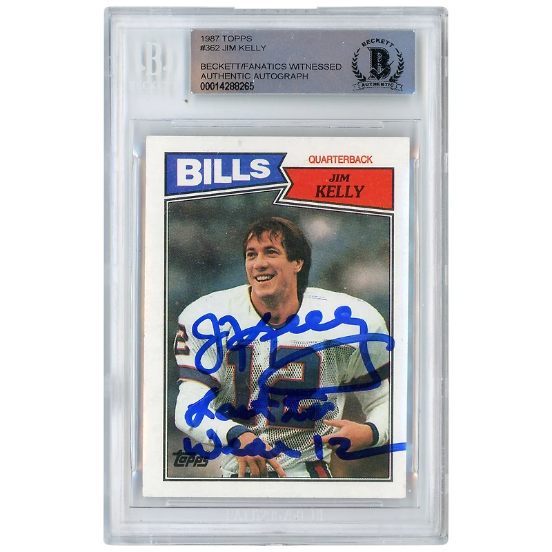 Jim Kelly Buffalo Bills Carte de recrue autographiée Topps #362 Beckett de 1987 avec l'inscription « LAST TO WEAR 12 » et vue par des fanatiques