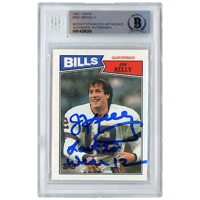 Jim Kelly Buffalo Bills Carte de recrue autographiée Topps #362 Beckett de 1987 avec l'inscription « LAST TO WEAR 12 » et vue par des fanatiques