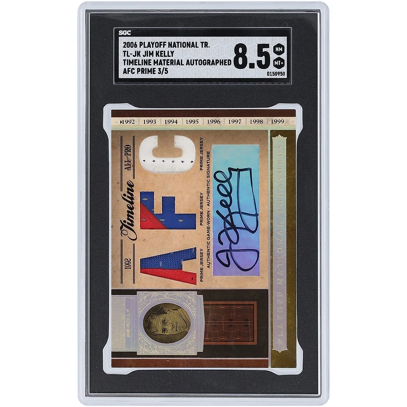 Jim Kelly Buffalo Bills Autographed 2006 Playoff National Treasures AFC Prime Timeline Materials Triple Tri-Color Relic #TL-JK #3/5 SGC Authenticated 8.5 Card