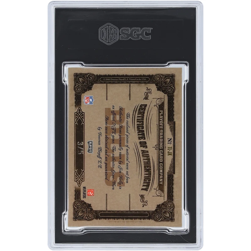 Jim Kelly Buffalo Bills Autographed 2006 Playoff National Treasures AFC Prime Timeline Materials Triple Tri-Color Relic #TL-JK #3/5 SGC Authenticated 8.5 Card