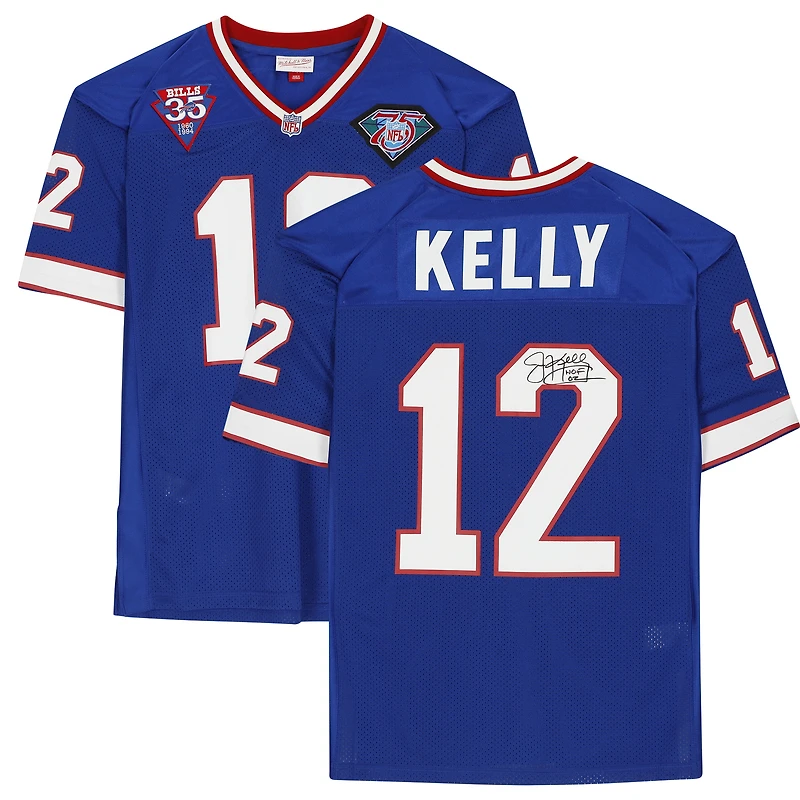 Maillot authentique dédicacé par Jim Kelly des Buffalo Bills par Mitchell & Ness Royal avec inscription « HOF 02 »