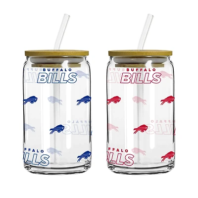Logo Brands Buffalo Bills Canette en verre Step And Repeat de 473 ml (16 oz) avec couvercle et paille, paquet de 2