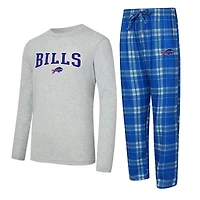 Men's Concepts Sport Royal/Heather Gray Buffalo Bills Regulate Long Sleeve T-Shirt and Plaid Pant Set