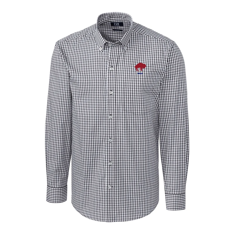 Chemise boutonnée à manches longues et col boutonné pour homme, couleur anthracite, avec logo rétro Buffalo Bills, facile d'entretien, en vichy extensible