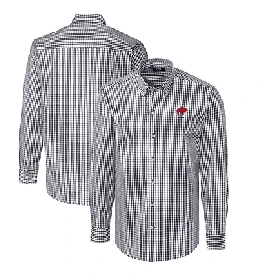 Chemise à manches longues boutonnée Cutter & Buck pour homme, coloris anthracite, logo rétro des Buffalo Bills, en tissu vichy extensible facile d'entretien.