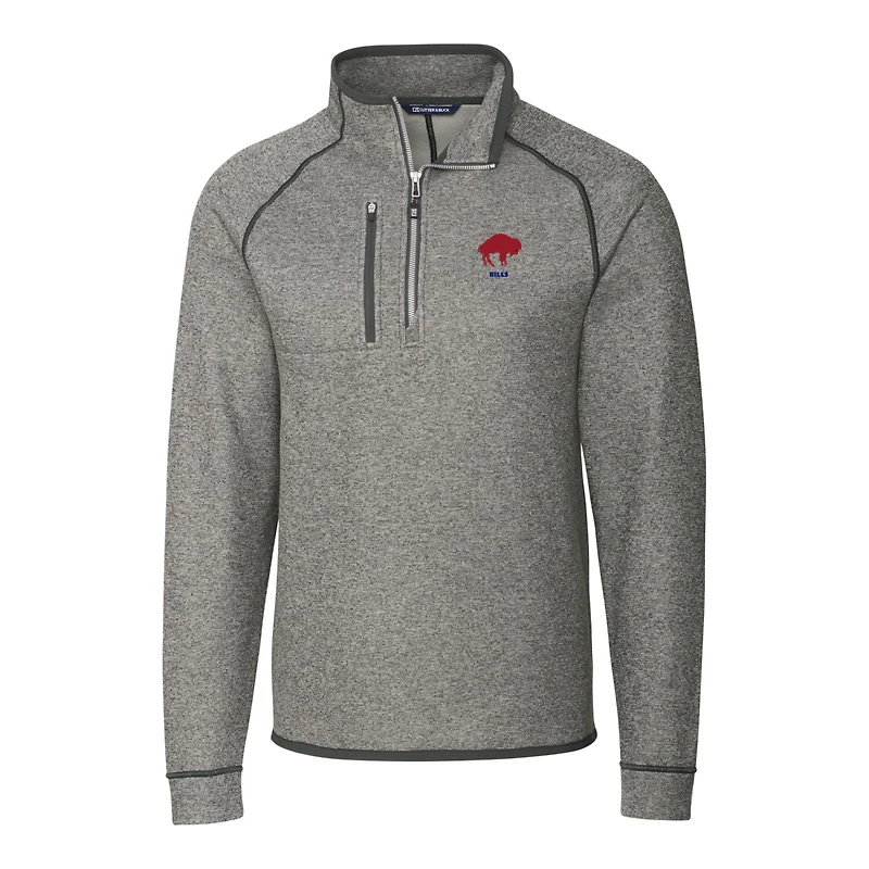 Men's Cutter & Buck Heather Gray Buffalo Bills Throwback Logo Mainsail Sweater-Knit Half-Zip Pullover Jacket