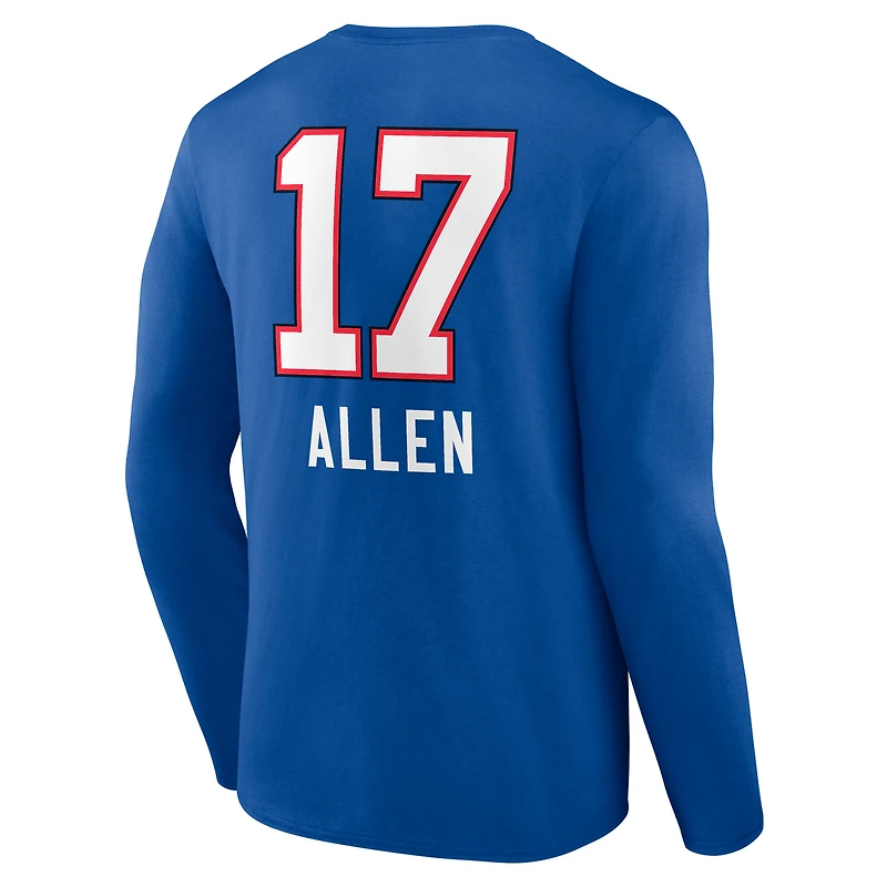 T-shirt à manches longues Josh Allen Royal Buffalo Bills pour homme avec nom et numéro de l'équipe