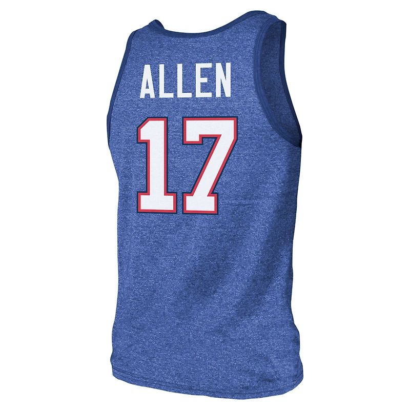 Débardeur à trois mélanges pour hommes Majestic Threads Josh Allen Royal Buffalo Bills Nom et numéro du joueur