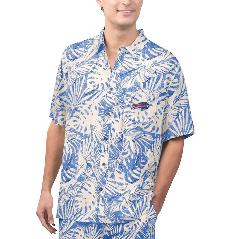 Chemise boutonnée de fête à imprimé Monstera délavée au sable Margaritaville Royal Buffalo Bills pour hommes