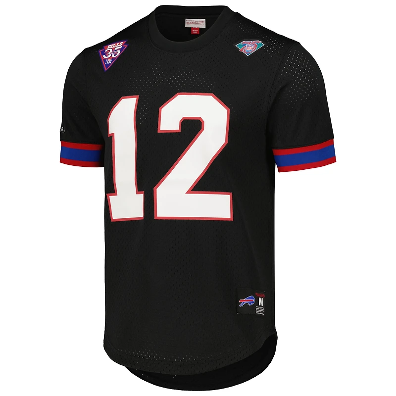 Haut en maille avec nom et numéro du joueur à la retraite Mitchell & Ness Jim Kelly noir Buffalo Bills pour homme