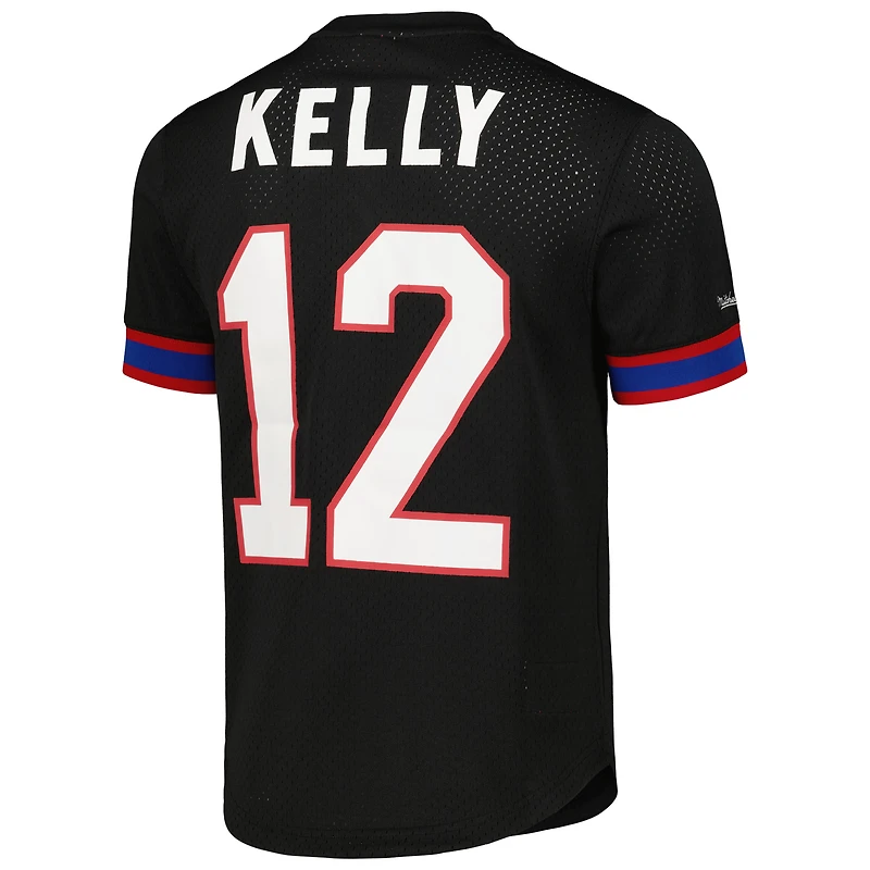 Haut en maille avec nom et numéro du joueur à la retraite Mitchell & Ness Jim Kelly noir Buffalo Bills pour homme