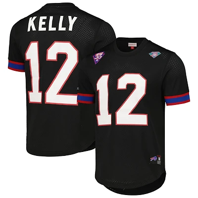 Haut en maille avec nom et numéro du joueur à la retraite Mitchell & Ness Jim Kelly noir Buffalo Bills pour homme