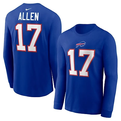 T-shirt Nike Josh Allen Royal Buffalo Bills avec nom et numéro de joueur à manches longues pour homme