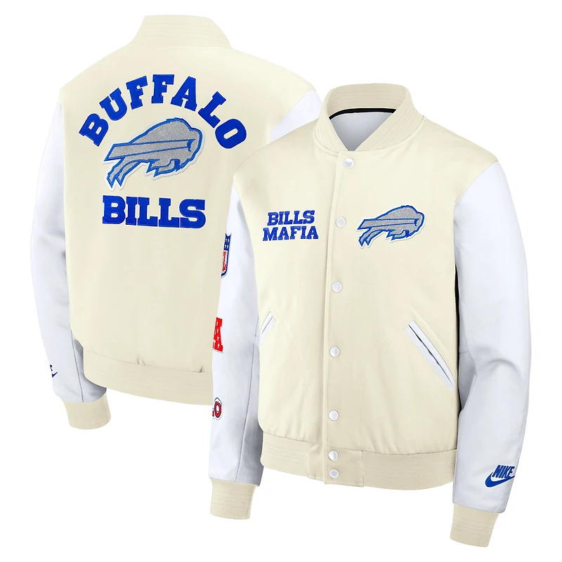 Veste universitaire Nike Buffalo Bills blanche pour homme, collection Rivalries 2025, fermeture à boutons-pression.