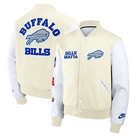 Veste universitaire Nike Buffalo Bills blanche pour homme, collection Rivalries 2025, fermeture à boutons-pression.