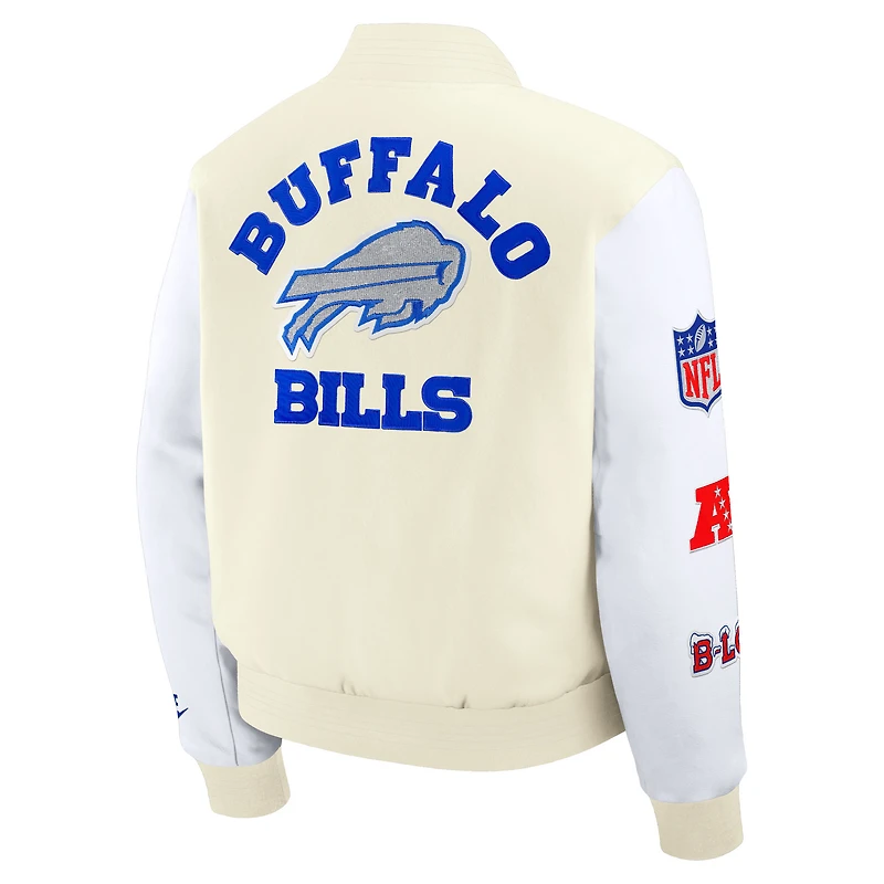 Veste universitaire Nike Buffalo Bills blanche pour homme, collection Rivalries 2025, fermeture à boutons-pression.