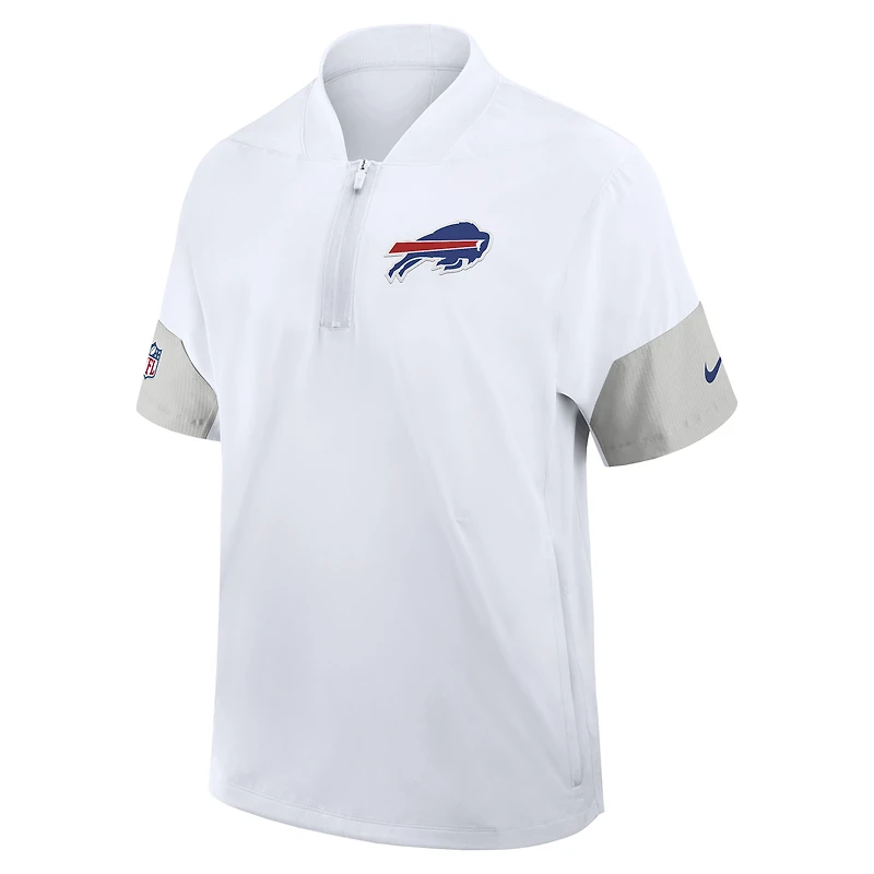 Veste d'entraîneur Nike Buffalo Bills Sideline blanche pour homme, manches courtes, fermeture éclair au quart, technologie Dri-FIT