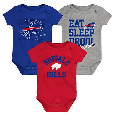 Lot de trois bodys rétro Eat, Sleep & Drool pour nouveau-nés et nourrissons Buffalo Bills rouge/royal/gris chiné