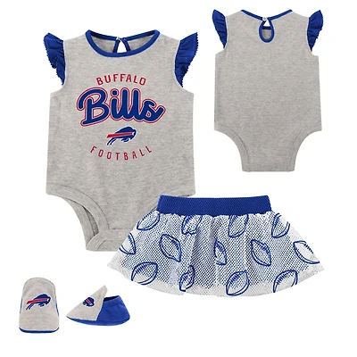 Nouveau-né Heather Grey/Royal Buffalo Bills All Dolled Up Ensemble trois pièces body, jupe et chaussons