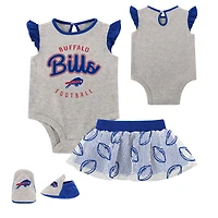 Nouveau-né Heather Grey/Royal Buffalo Bills All Dolled Up Ensemble trois pièces body, jupe et chaussons