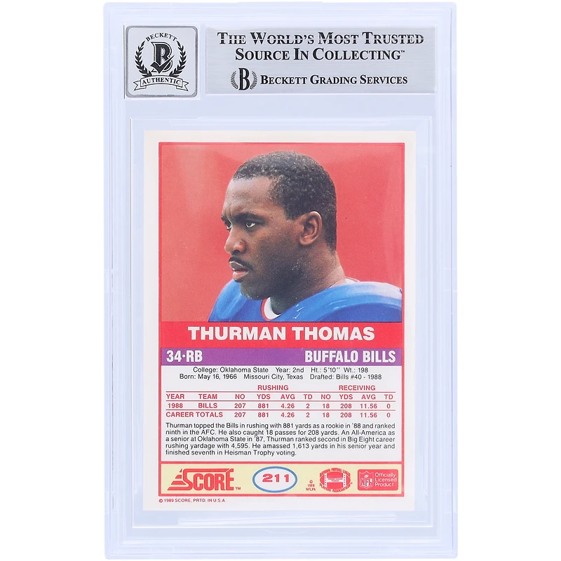 Thurman Thomas Buffalo Bills dédicacé 1989 Score #211 Beckett Fanatics vu authentifié 9/10 Rookie Card