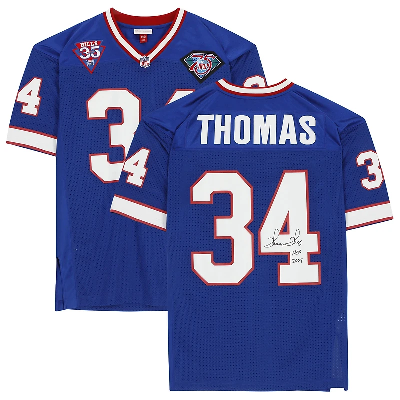 Maillot authentique bleu Mitchell & Ness autographié par Thurman Thomas des Buffalo Bills, avec inscription « HOF 2007 ».