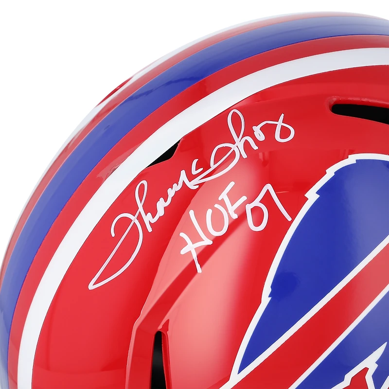 Casque de vitesse rétro autographié par Thurman Thomas des Buffalo Bills, modèle Riddell 1987-2001, avec inscription « HOF 07 ».