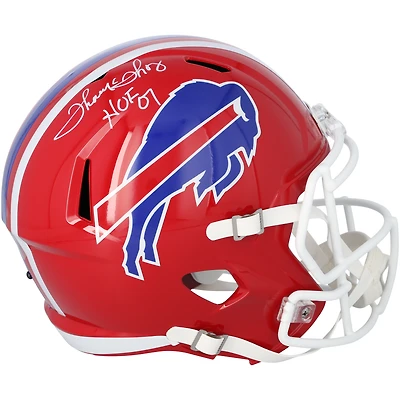 Casque de vitesse rétro autographié par Thurman Thomas des Buffalo Bills, modèle Riddell 1987-2001, avec inscription « HOF 07 ».