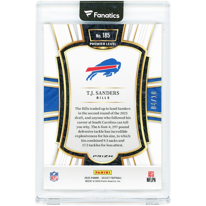 Carte de recrue T.J. Sanders Buffalo Bills 2025 Panini Select Gold Velocity Prizm n° 185 n° 4/10