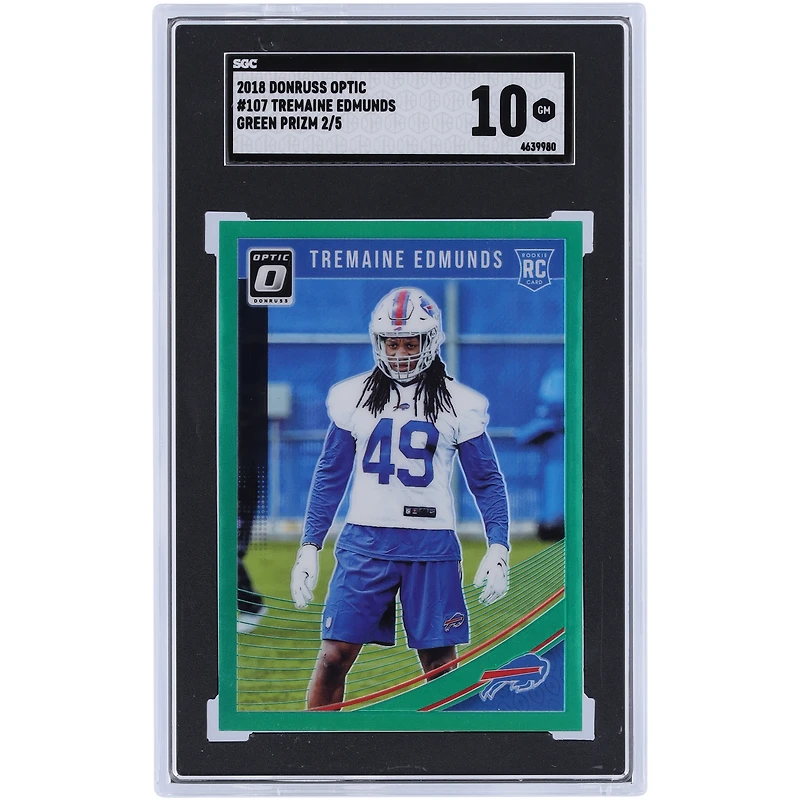 Carte de recrue authentifiée 10 Panini Donruss Optic Green Prizm #107 #2/5 SGC de Tremaine Edmunds Buffalo Bills 2018