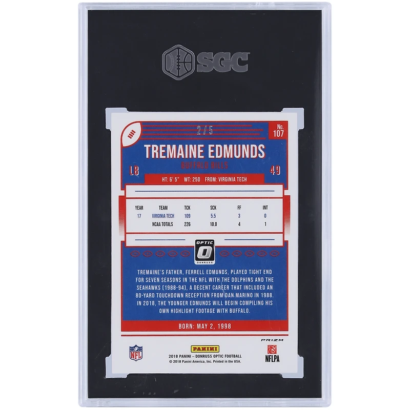 Carte de recrue authentifiée 10 Panini Donruss Optic Green Prizm #107 #2/5 SGC de Tremaine Edmunds Buffalo Bills 2018