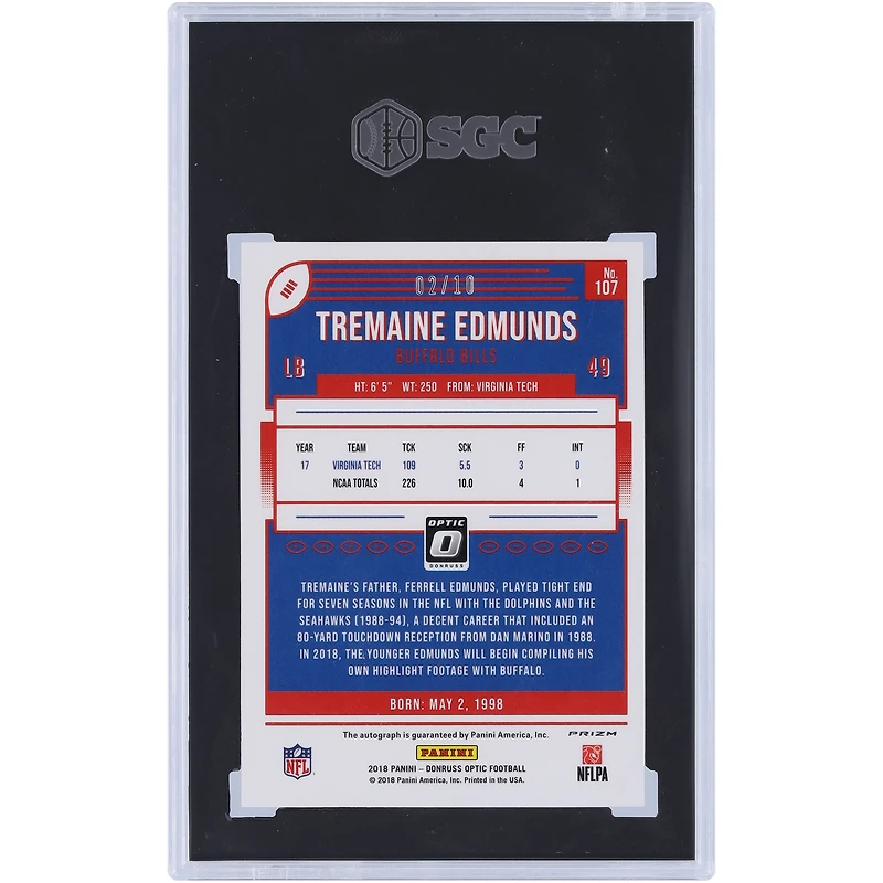 Tremaine Edmunds Buffalo Bills Autographed 2018 Panini Donruss Optic Gold Prizm #107 #2/10 SGC Authenticated 10/10 Rookie Card