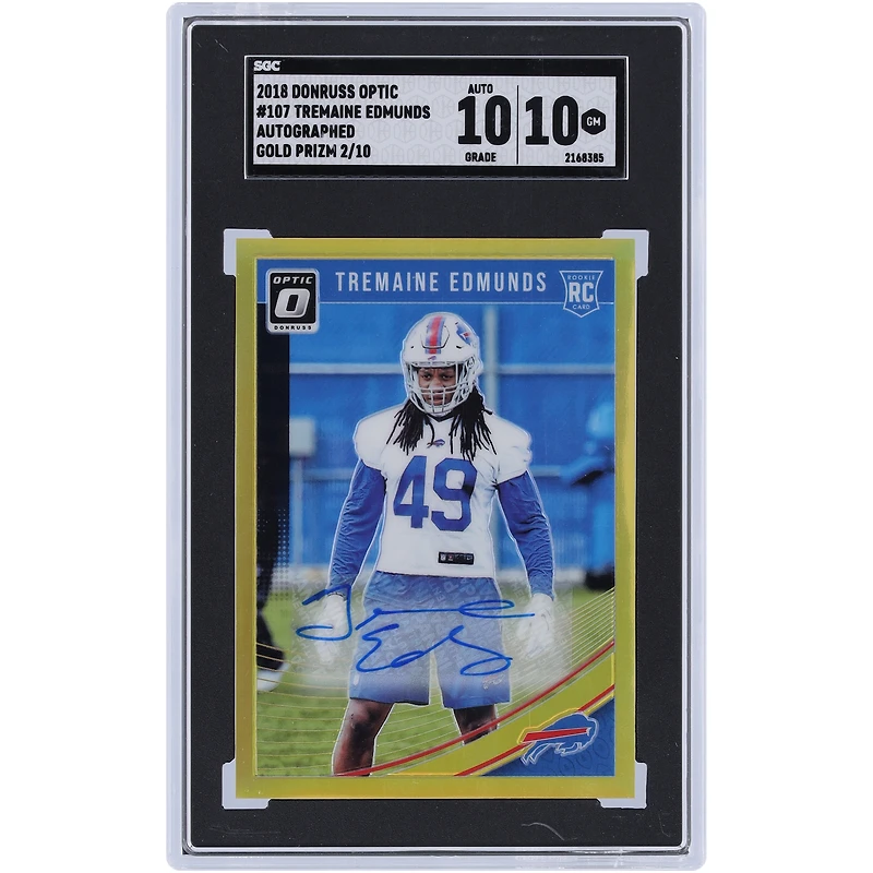 Tremaine Edmunds Buffalo Bills Autographed 2018 Panini Donruss Optic Gold Prizm #107 #2/10 SGC Authenticated 10/10 Rookie Card