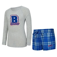 Women's Concepts Sport  Heather Gray/Royal Buffalo Bills Regulate Plaid Long-Sleeve T-Shirt & Shorts Sleep Set