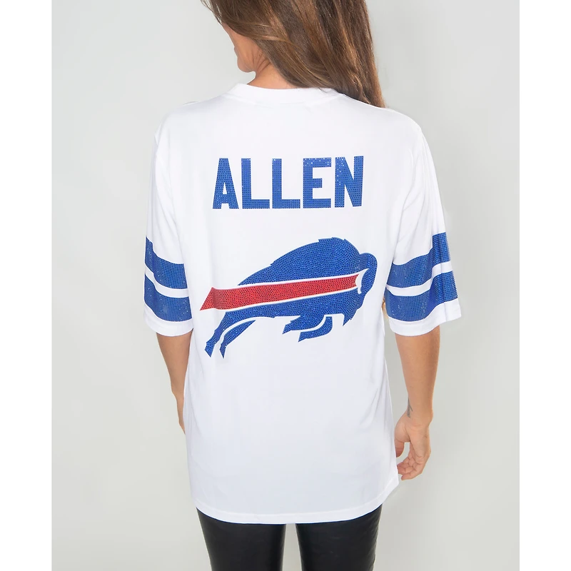 Tunique à col en V ornée de cristaux Josh Allen, blanche, Buffalo Bills, pour femme, Cuce