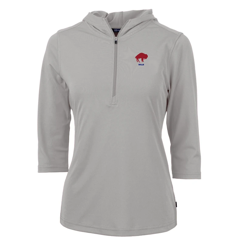 Sweat à capuche gris Buffalo Bills manches 3/4 et demi-zip pour femme, coupeur buck, logo rétro Virtue Eco Pique