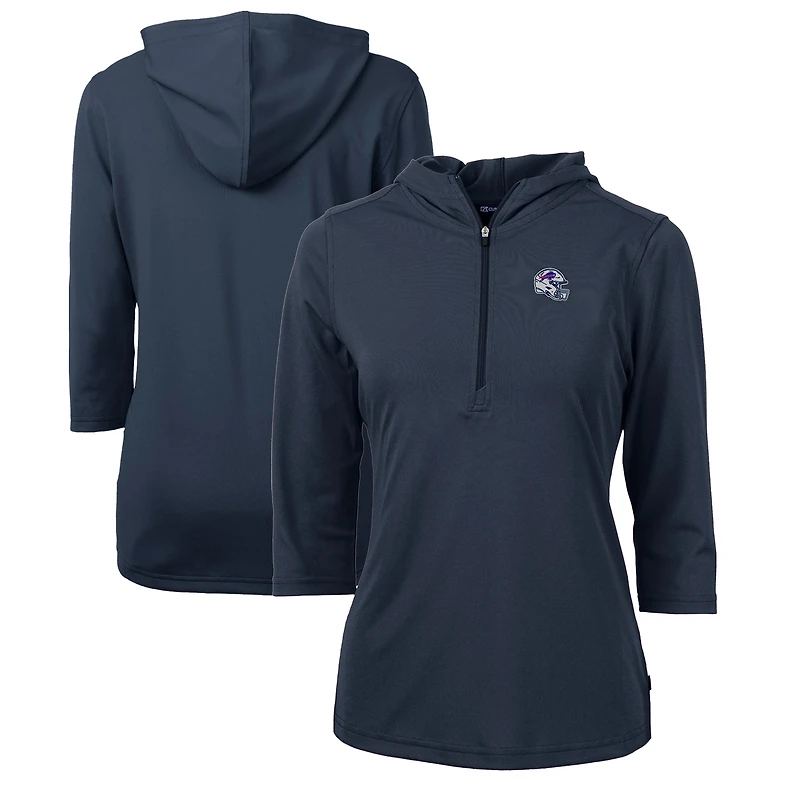 Sweat à capuche manches 3/4 et demi-zippé en Pique recyclé DryTec Virtue Eco pour femme, bleu marine, avec logo du casque des Buffalo Bills, Cutter & Buck