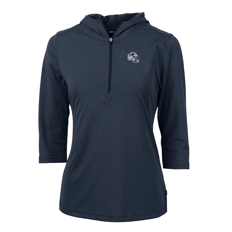 Women's Cutter & Buck Navy Buffalo Bills Helmet Logo DryTec Virtue Eco Pique Recycled 3/4-Sleeve Half-Zip Pullover Hoodie