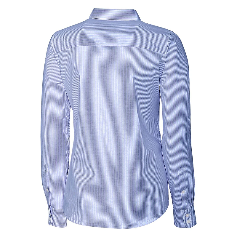 Chemise boutonnée à manches longues et rayures en oxford extensible bleu poudre pour femme, coupeur buck, avec logo rétro des Buffalo Bills
