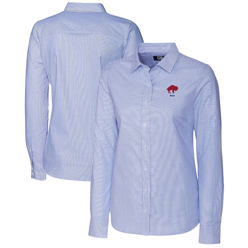 Chemise boutonnée à manches longues et rayures en oxford extensible bleu poudre pour femme, coupeur buck, avec logo rétro des Buffalo Bills