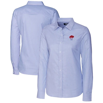 Chemise boutonnée à manches longues et rayures en oxford extensible bleu poudre pour femme, coupeur buck, avec logo rétro des Buffalo Bills