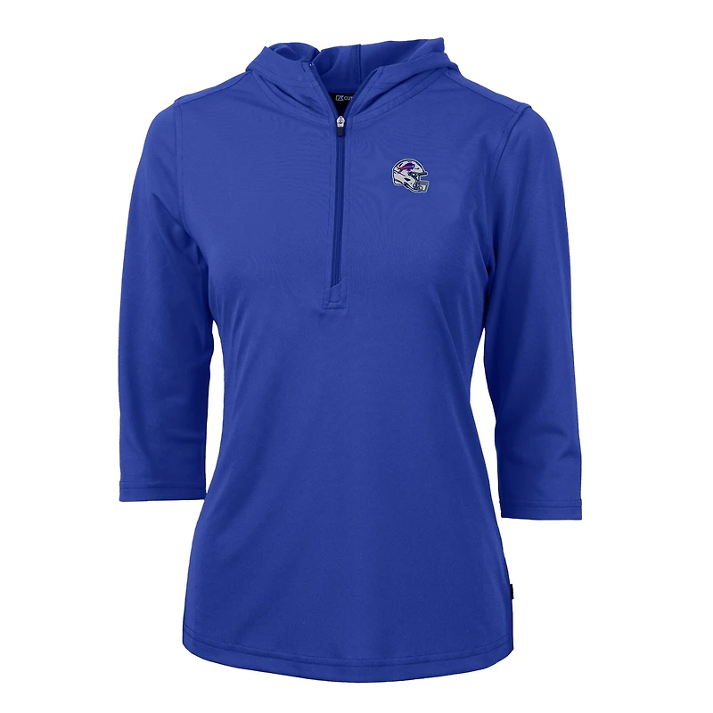 Women's Cutter & Buck Royal Buffalo Bills Helmet Logo DryTec Virtue Eco Pique Recycled 3/4-Sleeve Half-Zip Pullover Hoodie