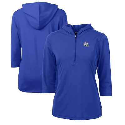 Women's Cutter & Buck Royal Buffalo Bills Helmet Logo DryTec Virtue Eco Pique Recycled 3/4-Sleeve Half-Zip Pullover Hoodie