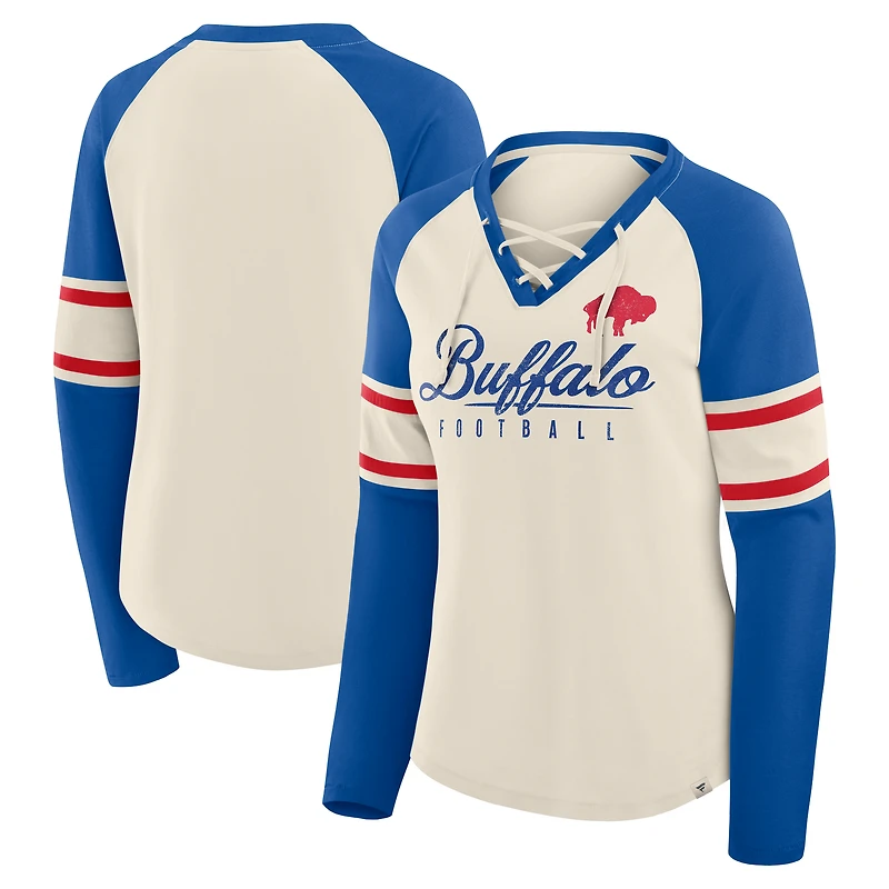 T-shirt à manches longues et col en V lacets pour femme Fanatics Crème/Royal Buffalo Bills Hometown Gridiron Hero
