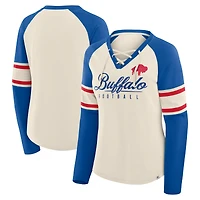 T-shirt à manches longues et col en V lacets pour femme Fanatics Crème/Royal Buffalo Bills Hometown Gridiron Hero