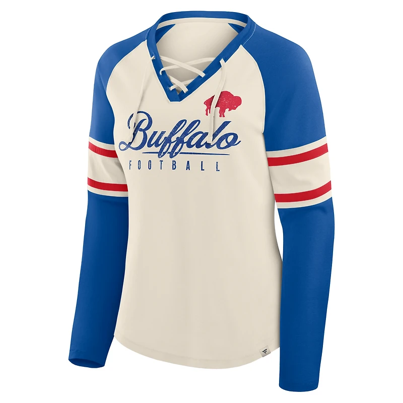 Women's Fanatics Cream/Royal Buffalo Bills Hometown Gridiron Hero Raglan Lace-Up V-Neck Long Sleeve T-Shirt