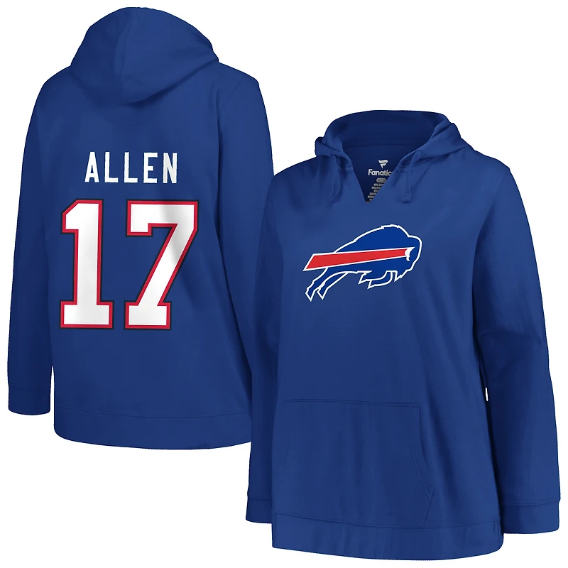 Sweat à capuche col en V Fanatics pour femmes, modèle Josh Allen Royal Buffalo Bills, grandes tailles, avec nom et numéro du joueur